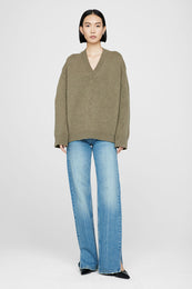 ANINE BING Rosie V Neck Sweater - Olive - On Model Front