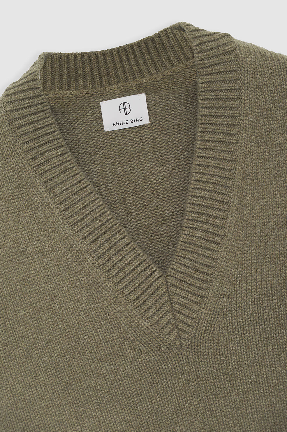 ANINE BING Rosie V Neck Sweater - Olive - Detail View